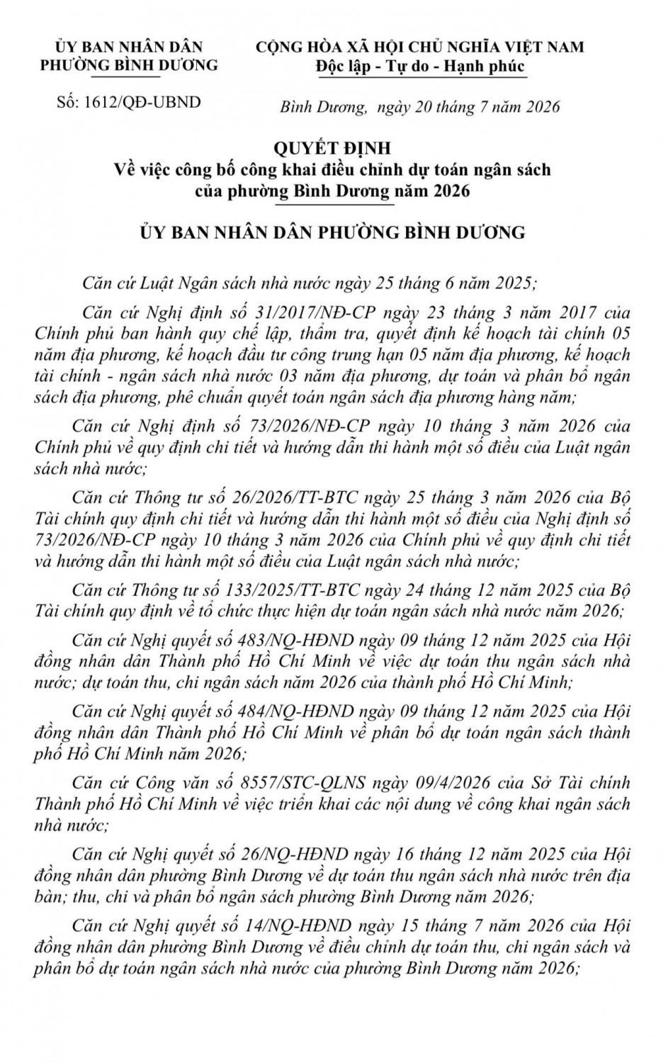 Về việc công bố công khai điều chỉnh dự toán ngân sách của phường Bình Dương năm 2026